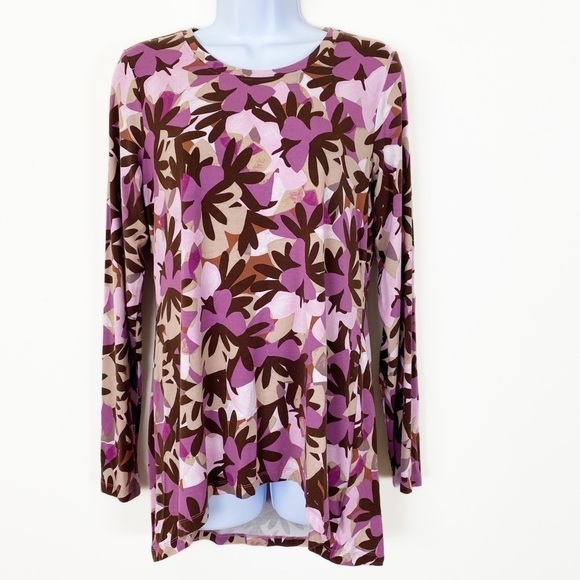 LOGO LORI GOLDSTEIN Purple Floral 3/4 Sleeve Top Flowy Stretchy Jersey Knit Sm - Picture 1 of 7